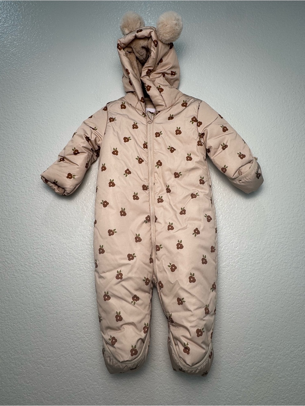Live & Lettie Baby Snowsuit 9M Beige Floral Hood Pom Pom Fleece Lined Bunting